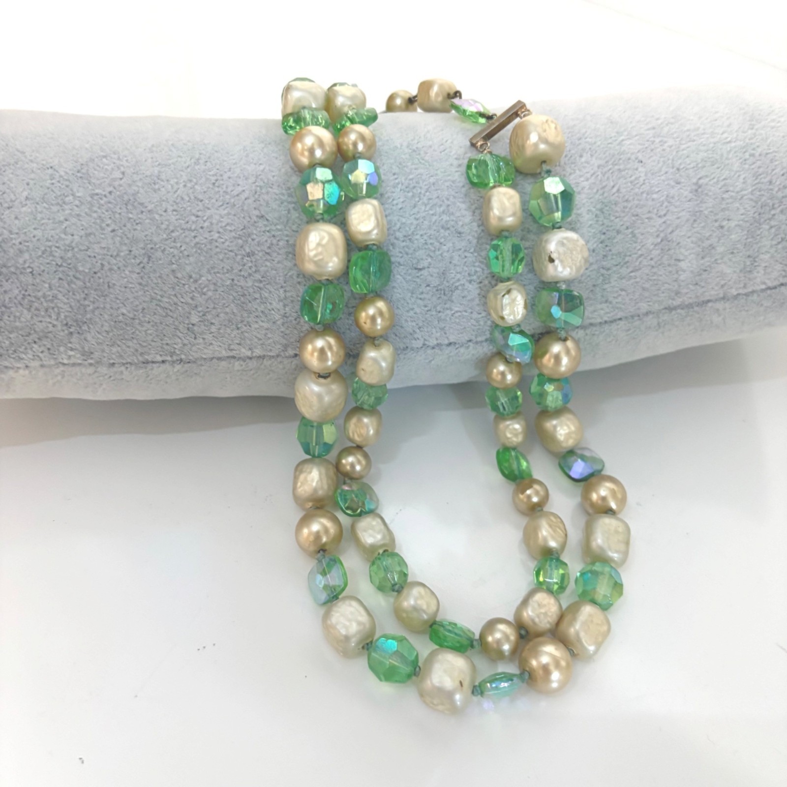 Vintage Double-Strand Necklace with Green and Faux Pearl Beads Hook Clasp