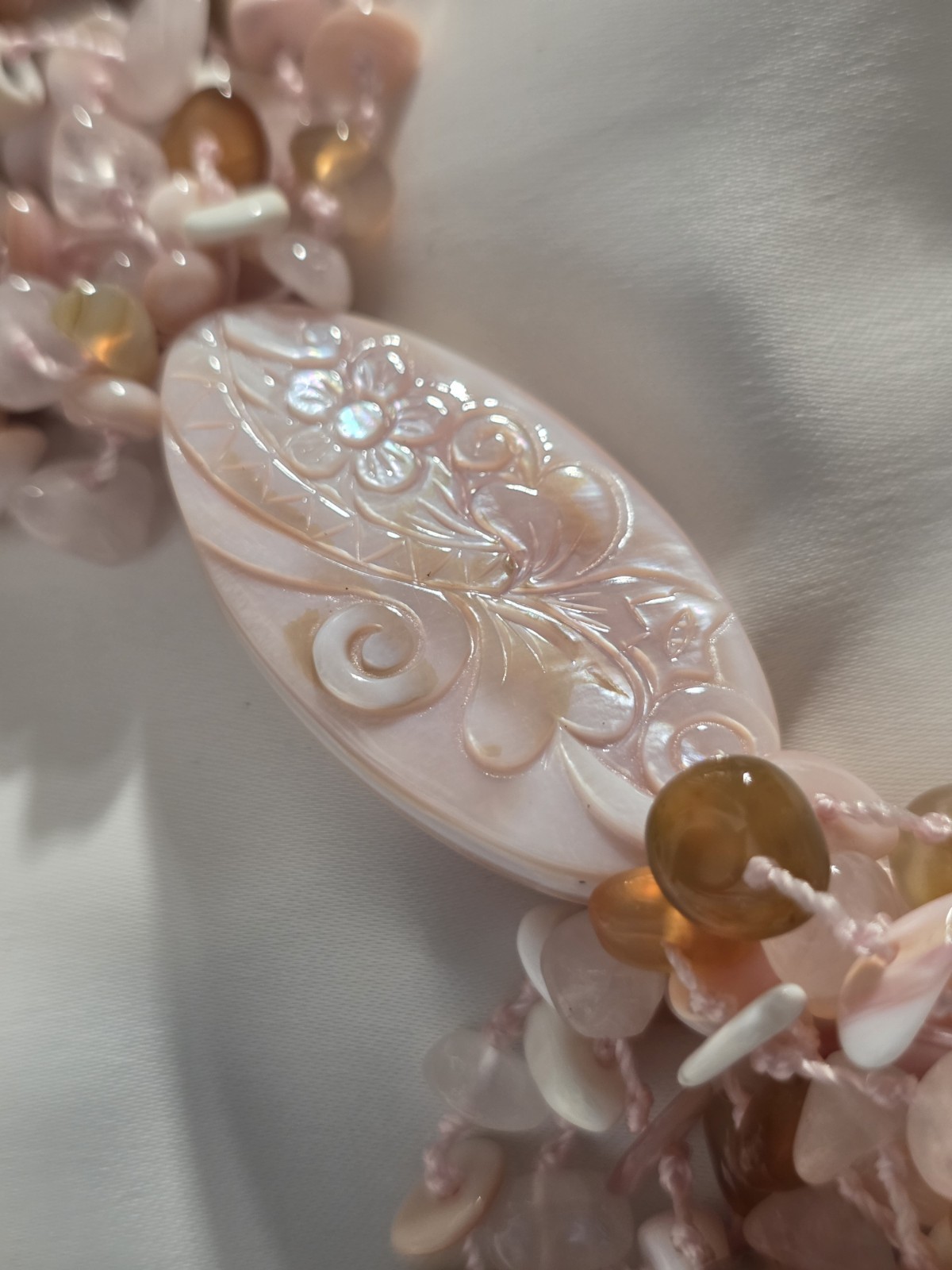 Sajen Multi Strand Gemstone Whimsical Statement Necklace Shell Rose Quartz