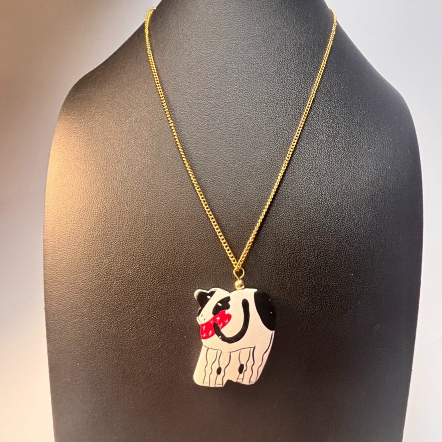 Vintage Necklace Earrings Hand Painted Cow Chunky Huge