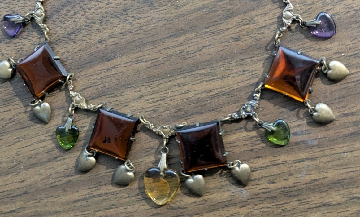Vtg Art Glass Works Studio Brass Heart Charm Statement Necklace Amber Multi