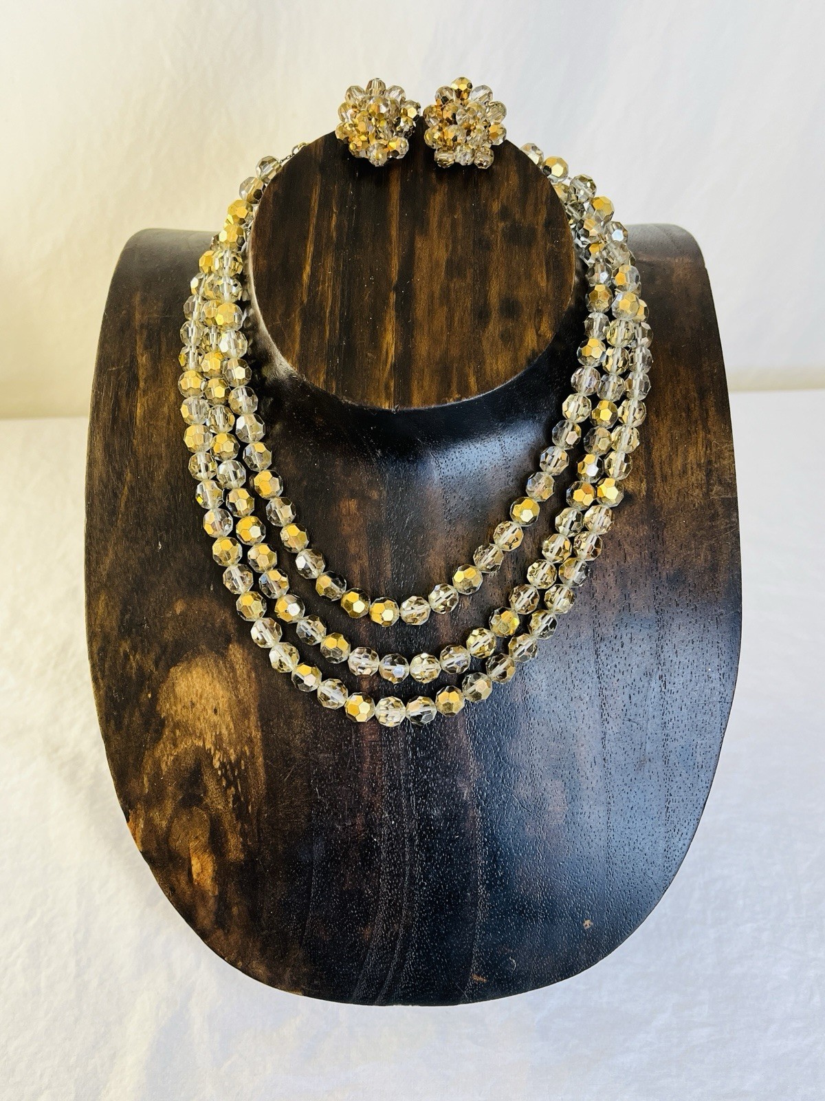 Silver Gold AB Beaded Necklace and Clip On Earrings Set Three Strand Necklace