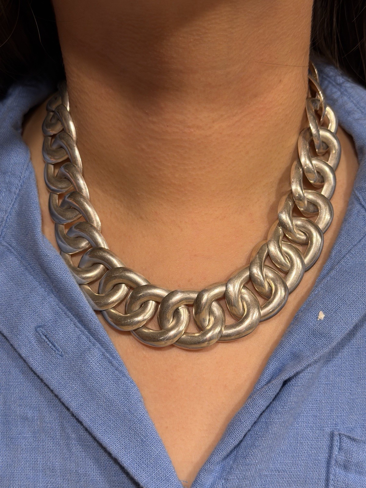Large Vintage 925 Mexican Taxco Modernist Sterling Silver Curb Link Necklace