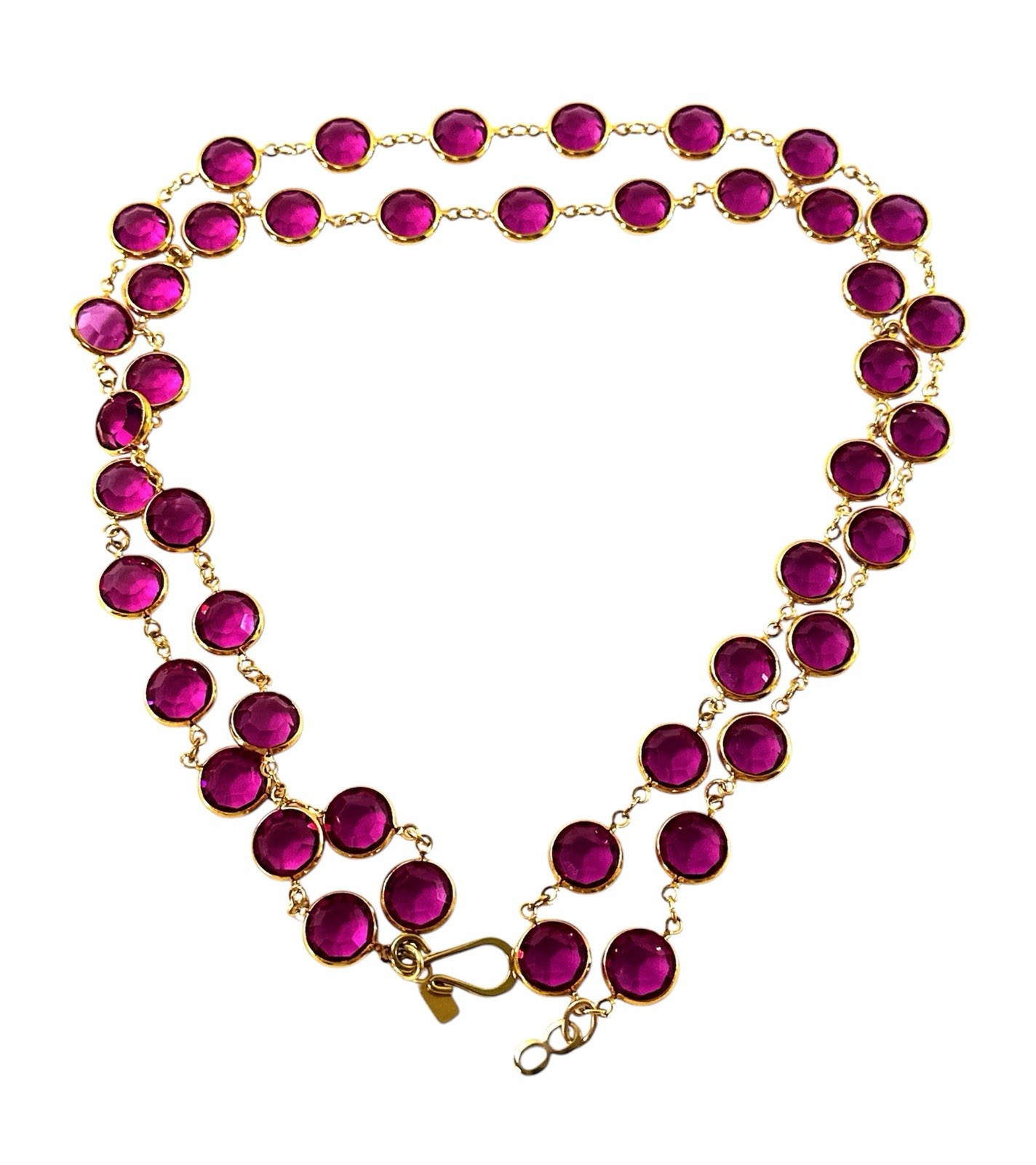 Vintage Swarovski Fuchsia Crystal Station Necklace 36” Gold Tone Open Back Bezel