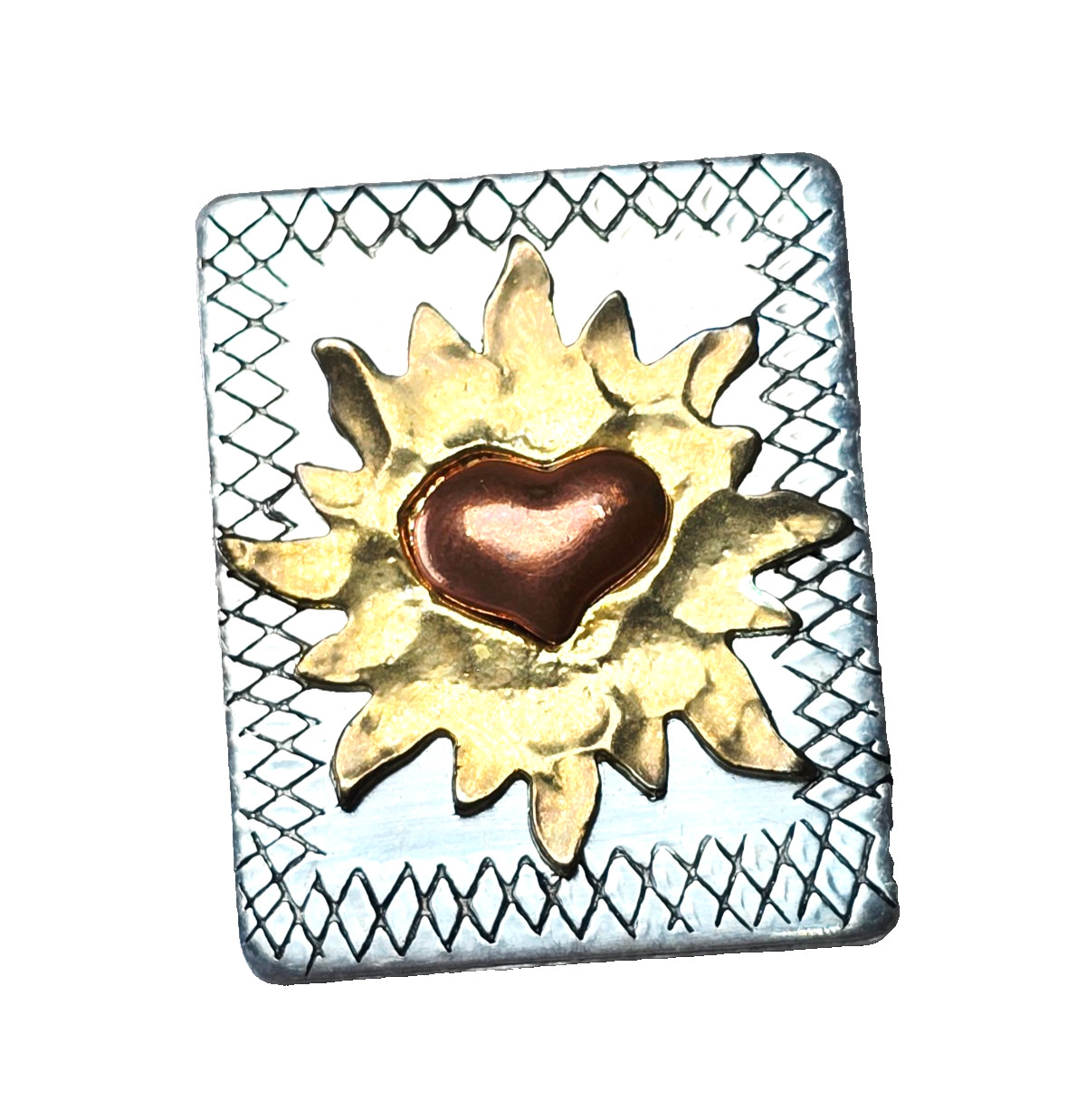 Vintage Handcrafted Sunburst Heart Brooch Mixed Metal Safety Bar Clasp