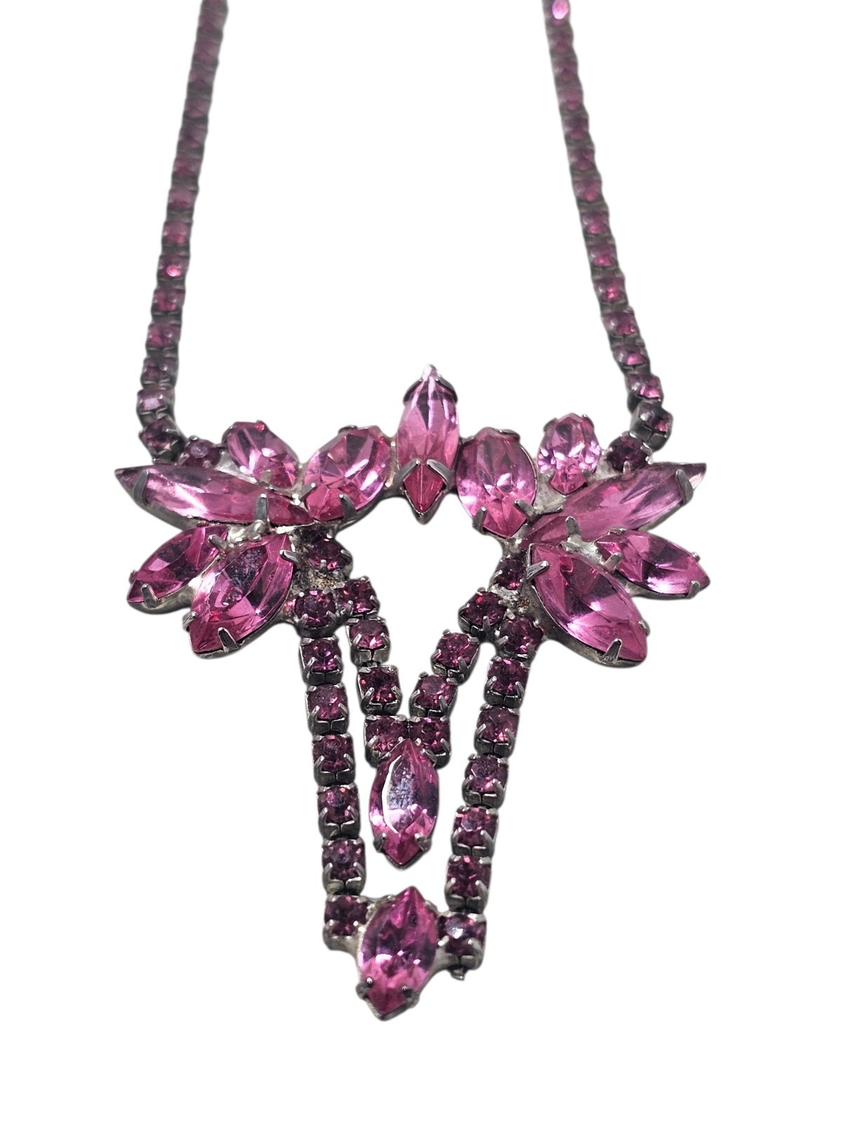 Vintage Pink Purple Rhinestone Statement Necklace Floral Starburst Gunmetal