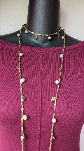 Vintage Twist Gold Tone Link Chain 54″ Necklace Faux Pearl Heart Dangle Charm