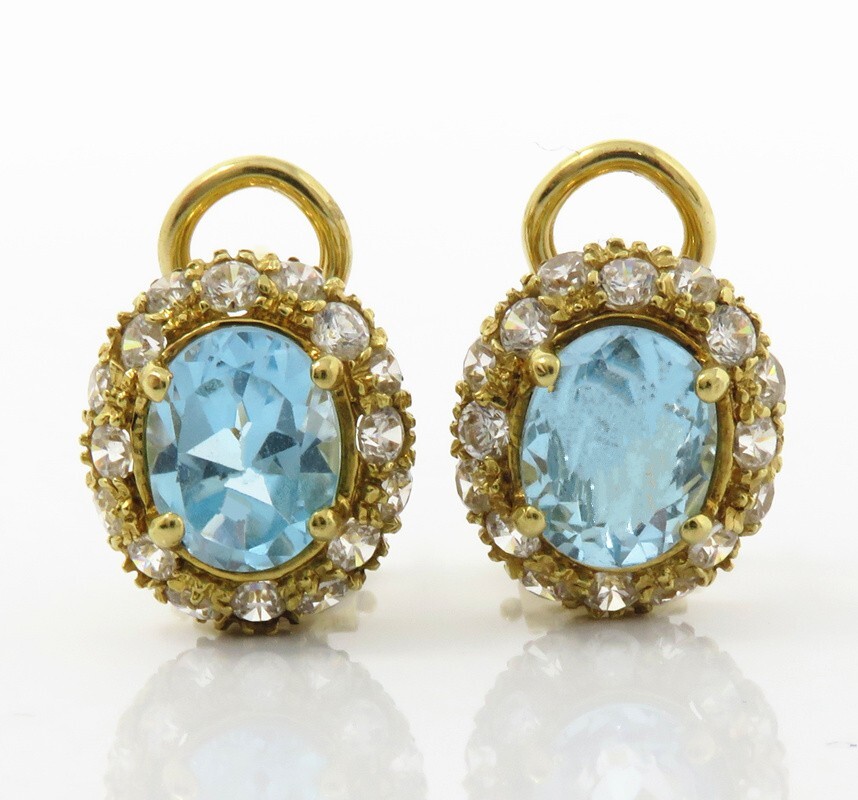 NYJEWEL 18k Yellow Gold Blue Topaz & Clear Stone Omega Back Earrings