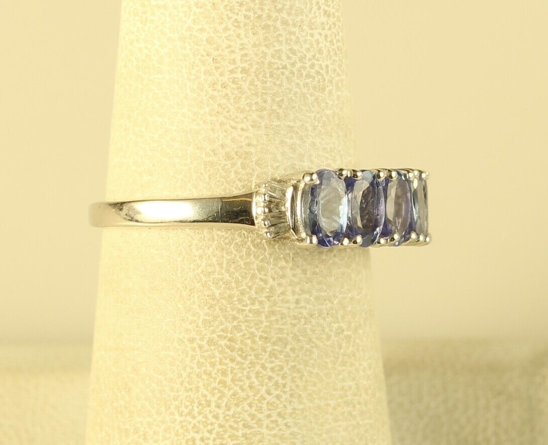 Vtg Signed Sterling D’Joy 5 Stones Tanzanite Channel Diamond Accent Ring 7 1/4