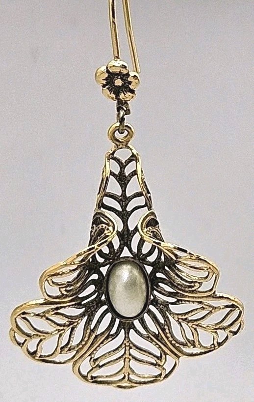 Vintage Gold Tone Filigree Faux Pearl Earrings Dangle Pierced`Hook Bell Flower