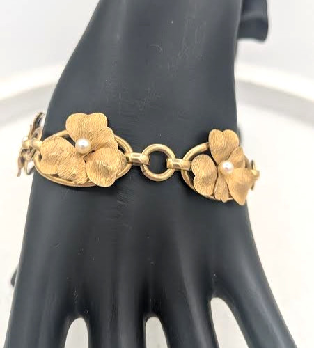 Vintage Flower Bracelet 12K Gold Filled Glass Pearl Floral Link