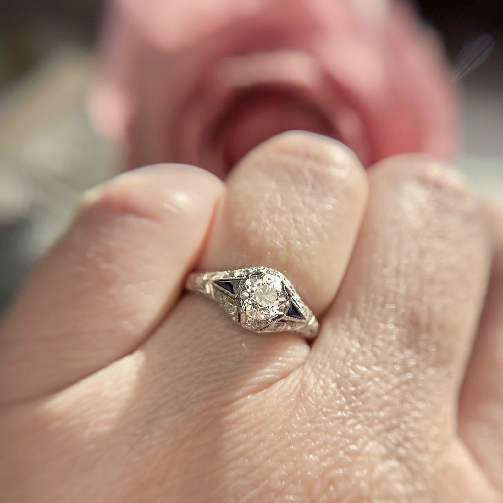 Art Deco Old European Cut Diamond Sapphire Engagement Ring