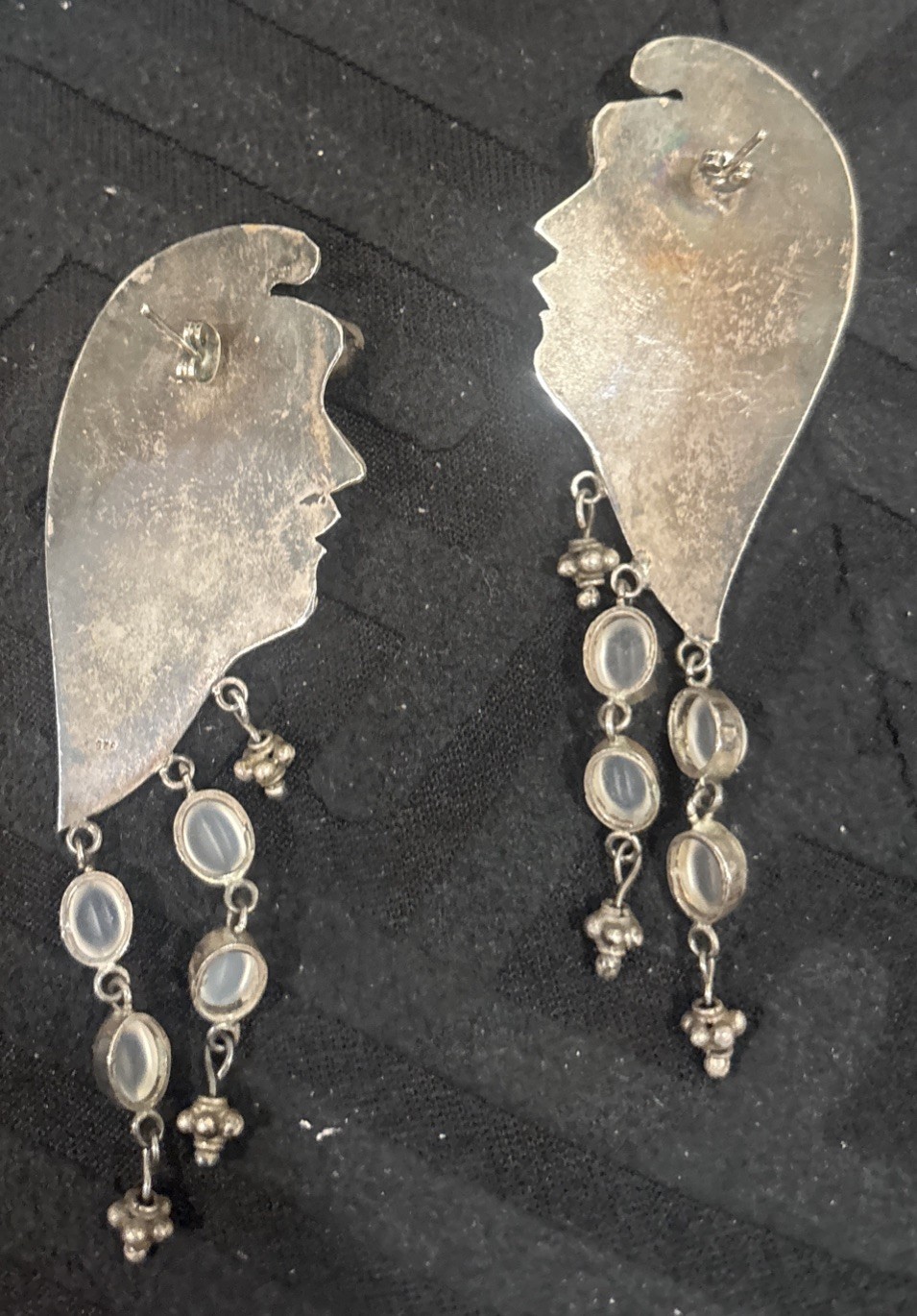 Vintage Unique Long Sterling Silver Tribal Face Cabochon Post Earrings 925