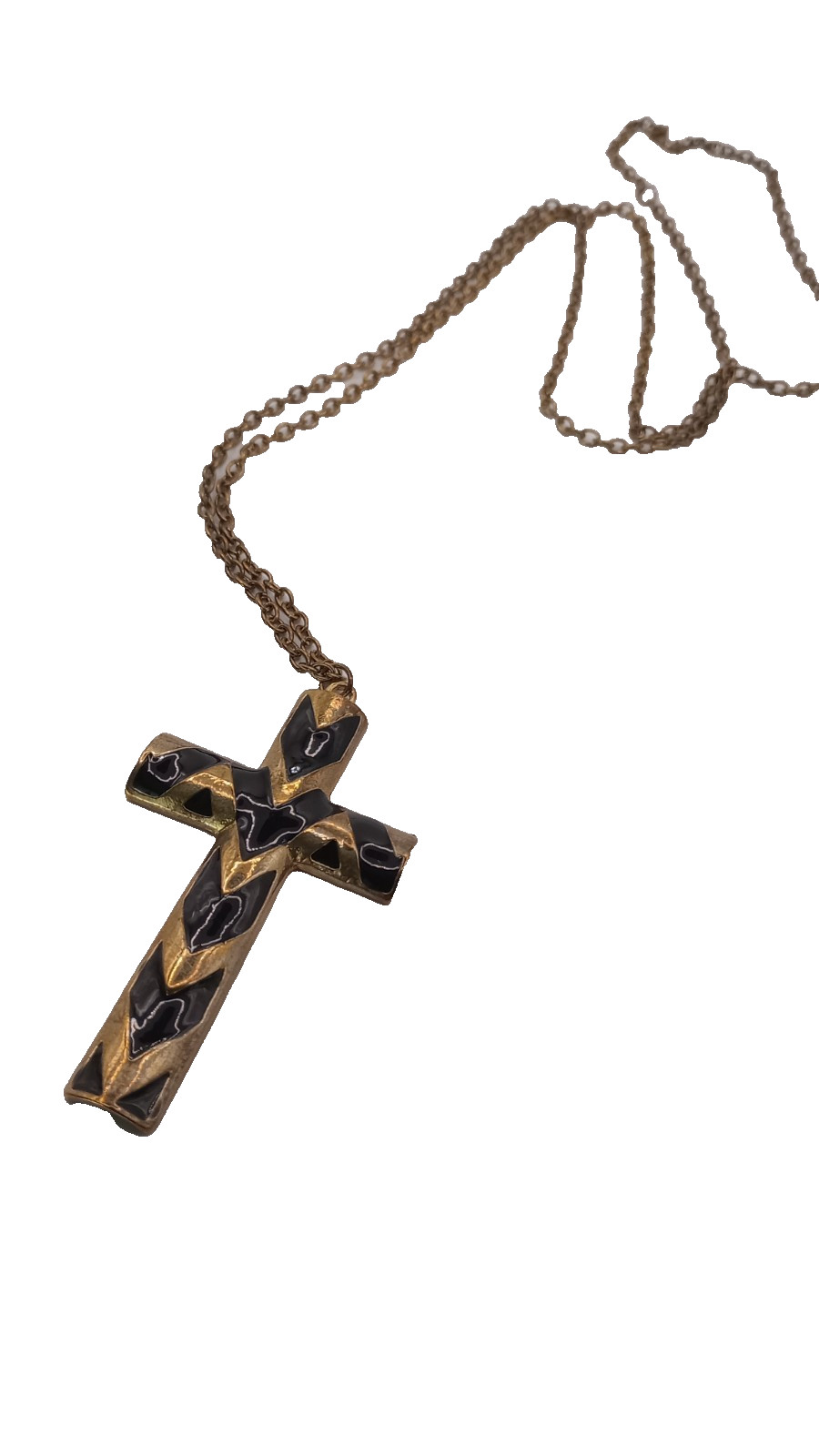 Vintage Enamel Cross Pendant Necklace Black Gold Tone 27 In