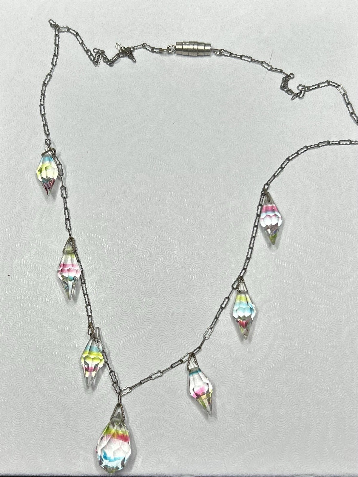 1920’s 17.5” Art Deco Czech Iris Rainbow Crystal Bicone Necklace Antique Chain