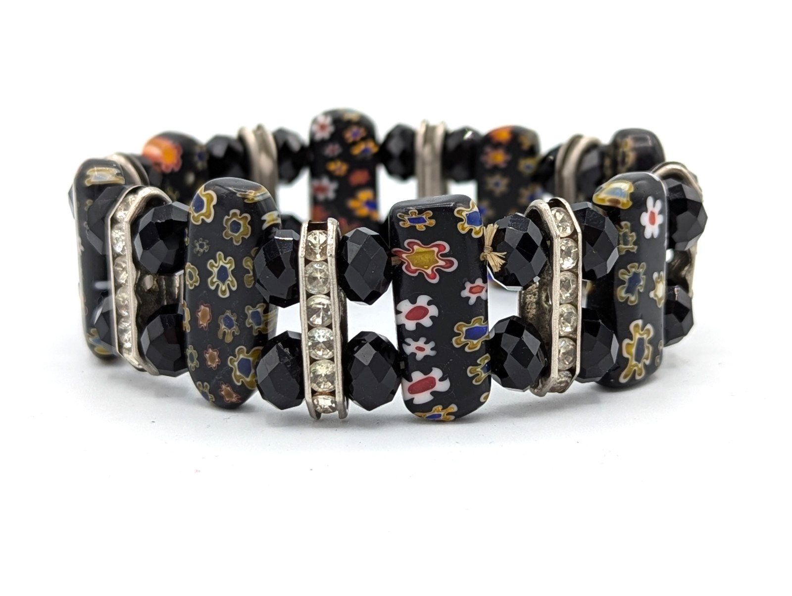 Vintage Millefiori Bracelet Beaded Stretch Clear Rhinestones Black Faceted Beads