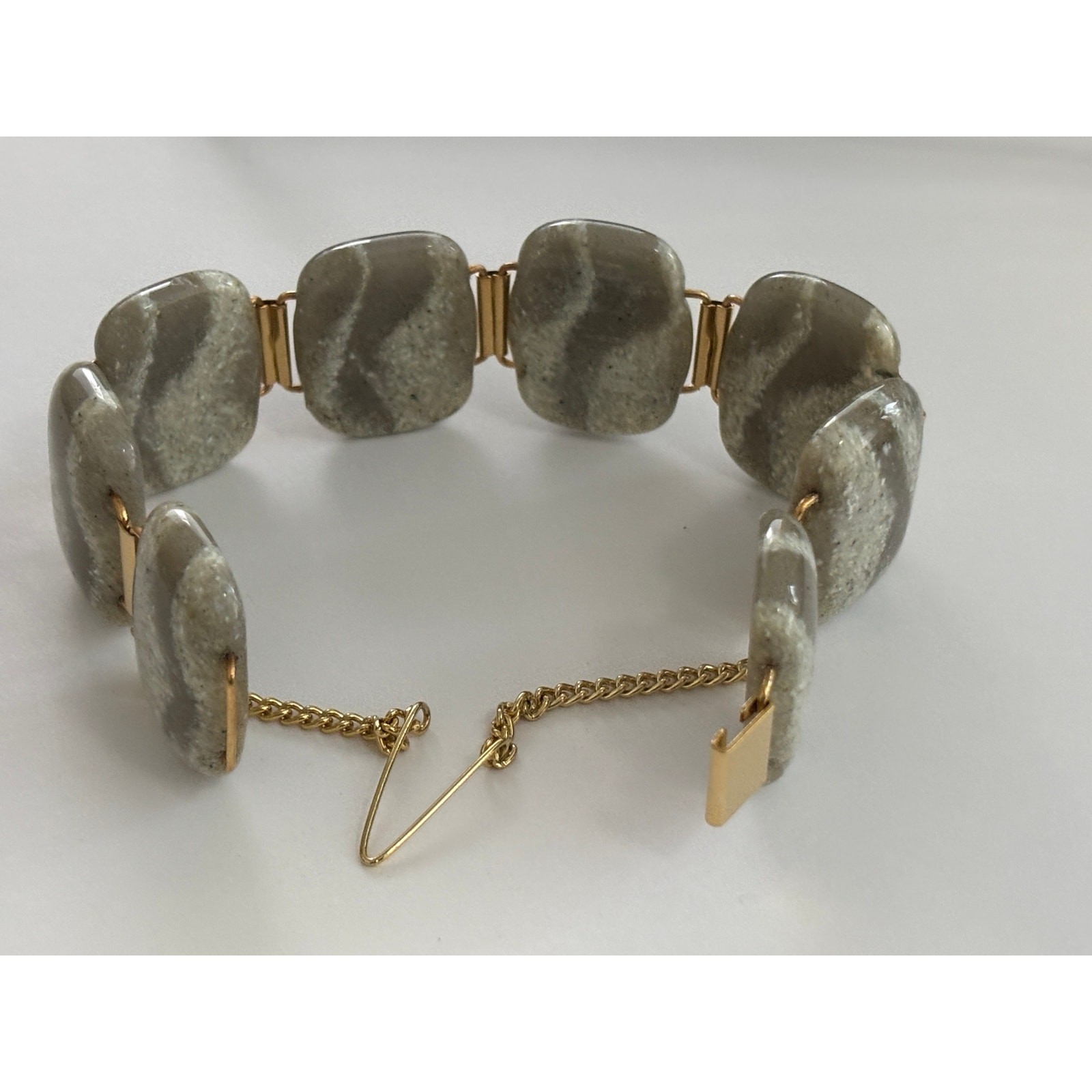 Vintage MCM Art Glass Panes Bracelet & Earrings Set Gold Tone Minimalist