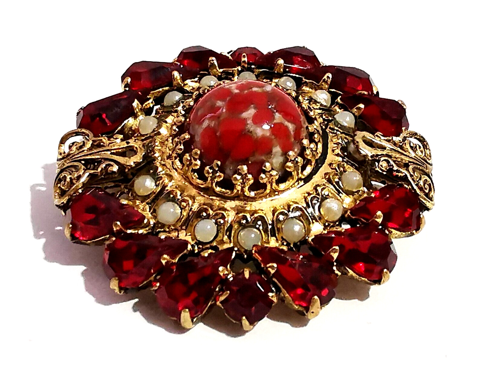 Vintage Czech Red Glass Brooch Pin Gilded Brass Faux Pearls Central Art Glass
