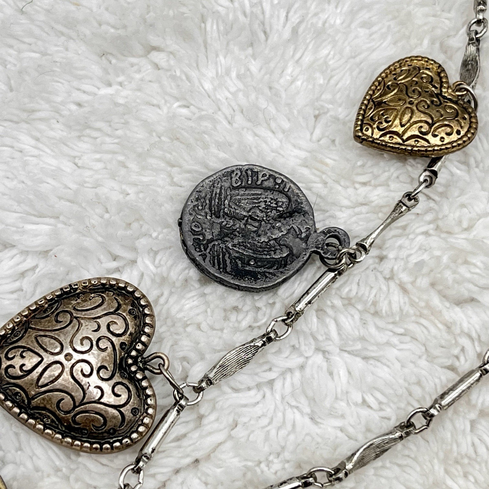 Vintage Puffy Heart Charm Necklace Silver Tone Bronze Tone 32″