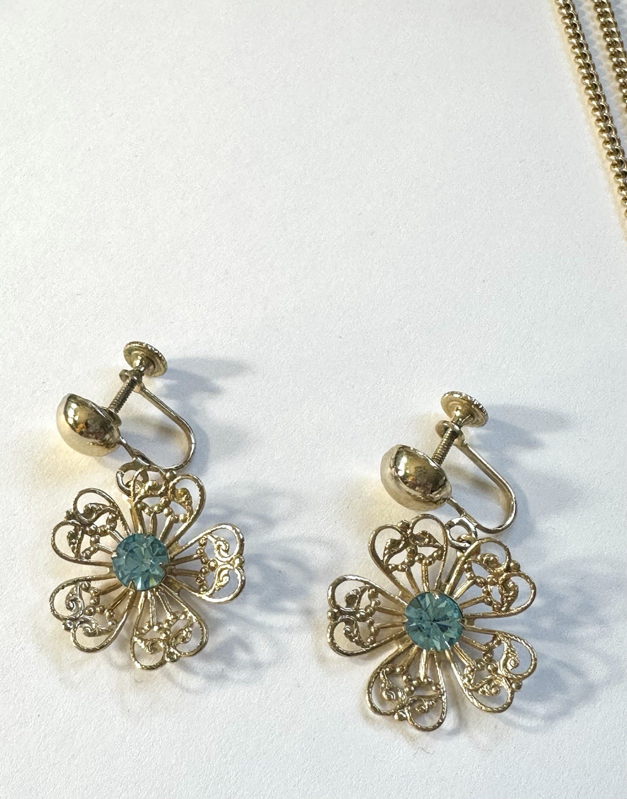 Vintage Set Rhinestone Brooch Pendant Blue Glass Prong Cuff Chain Clip Earrings