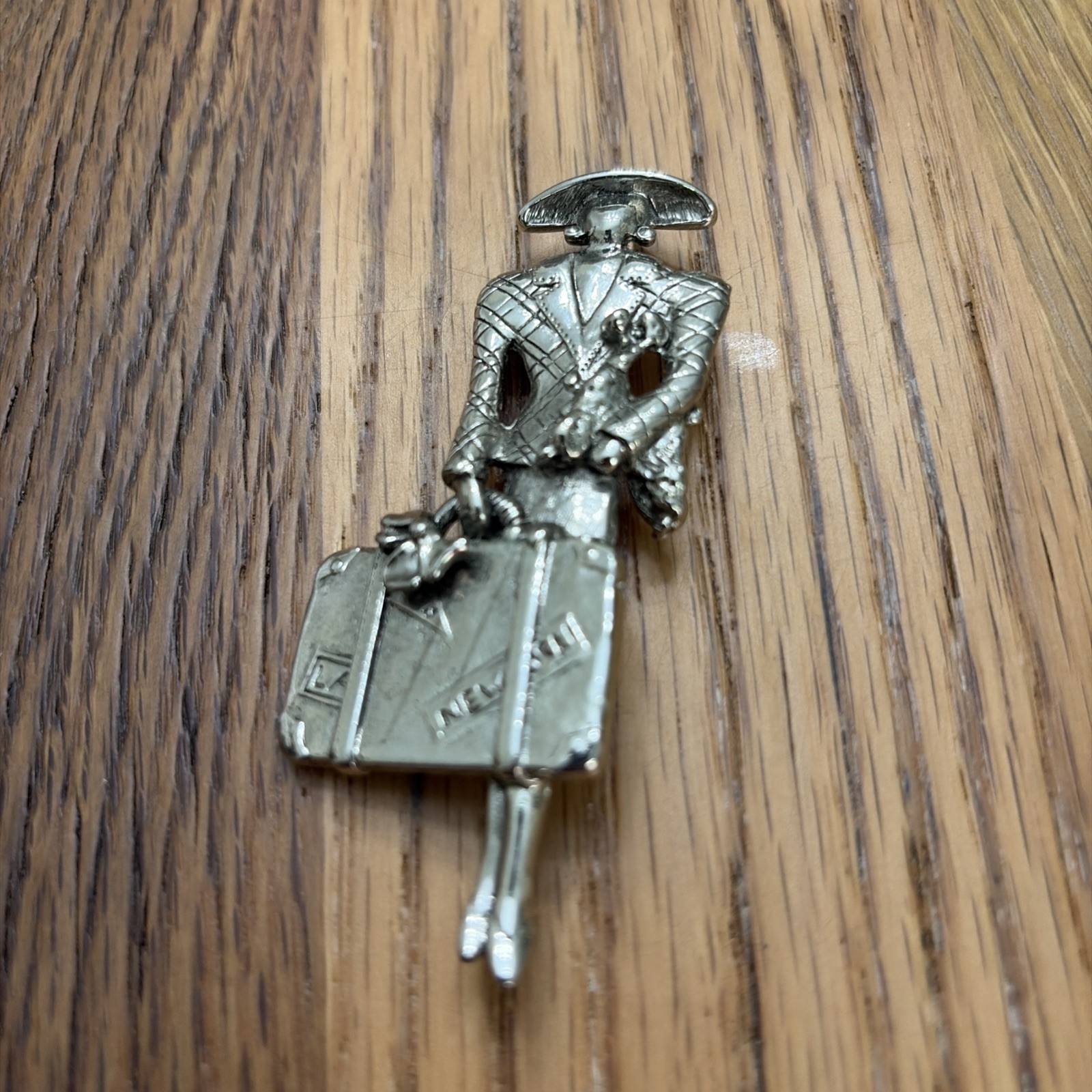 Vintage Brooch – Traveling Lady Poodle Suitcase New York LA Woman Person Silver