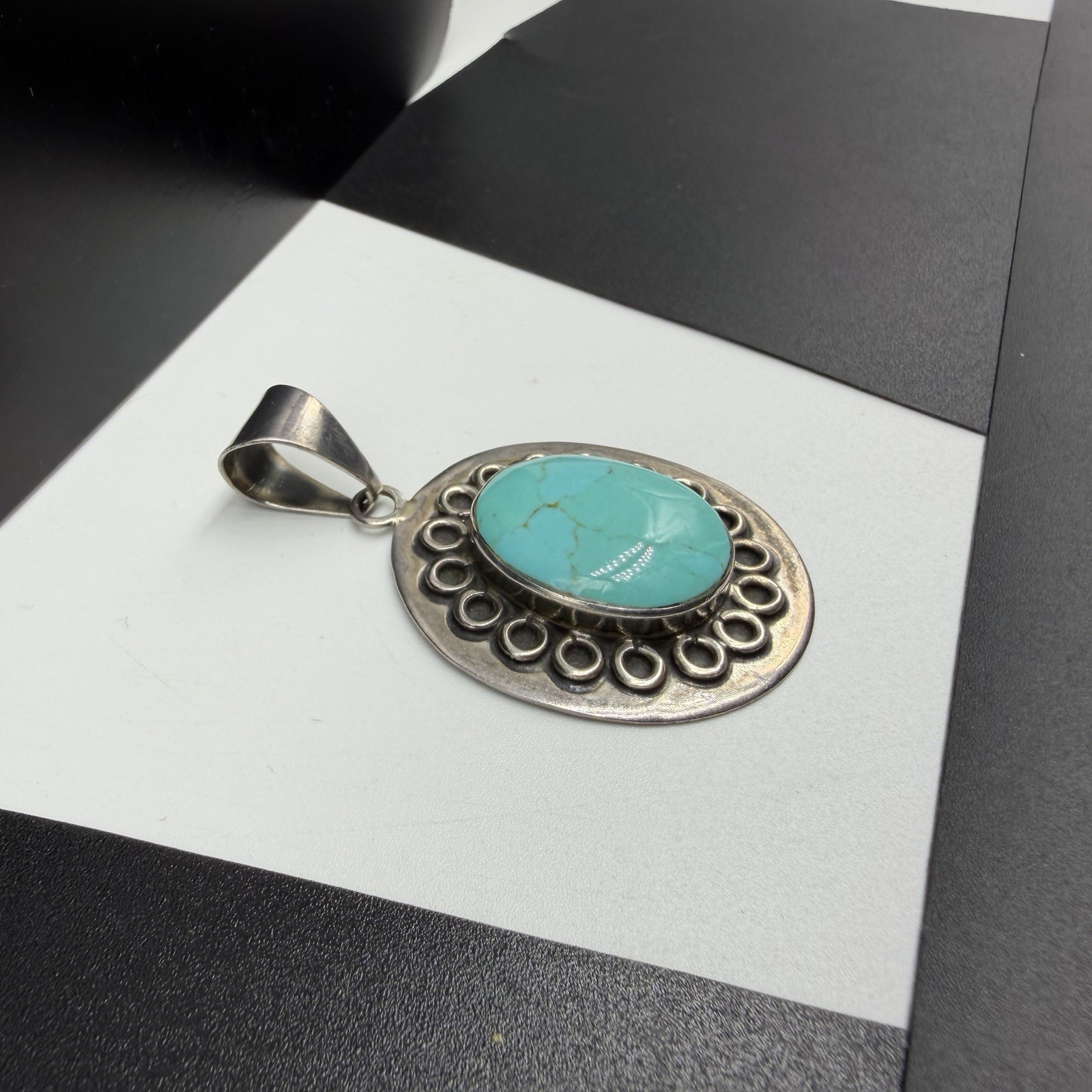 Vintage Taxco TL-83 Sterling Silver 2.25″ Drop Oval Turquoise Pendant Mex 17.2g