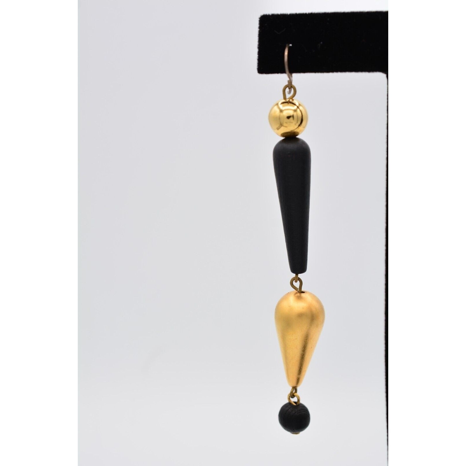 Vintage Dangle Earrings Black Beaded Brushed Gold Matte Drop Chunky 1990s BinAV