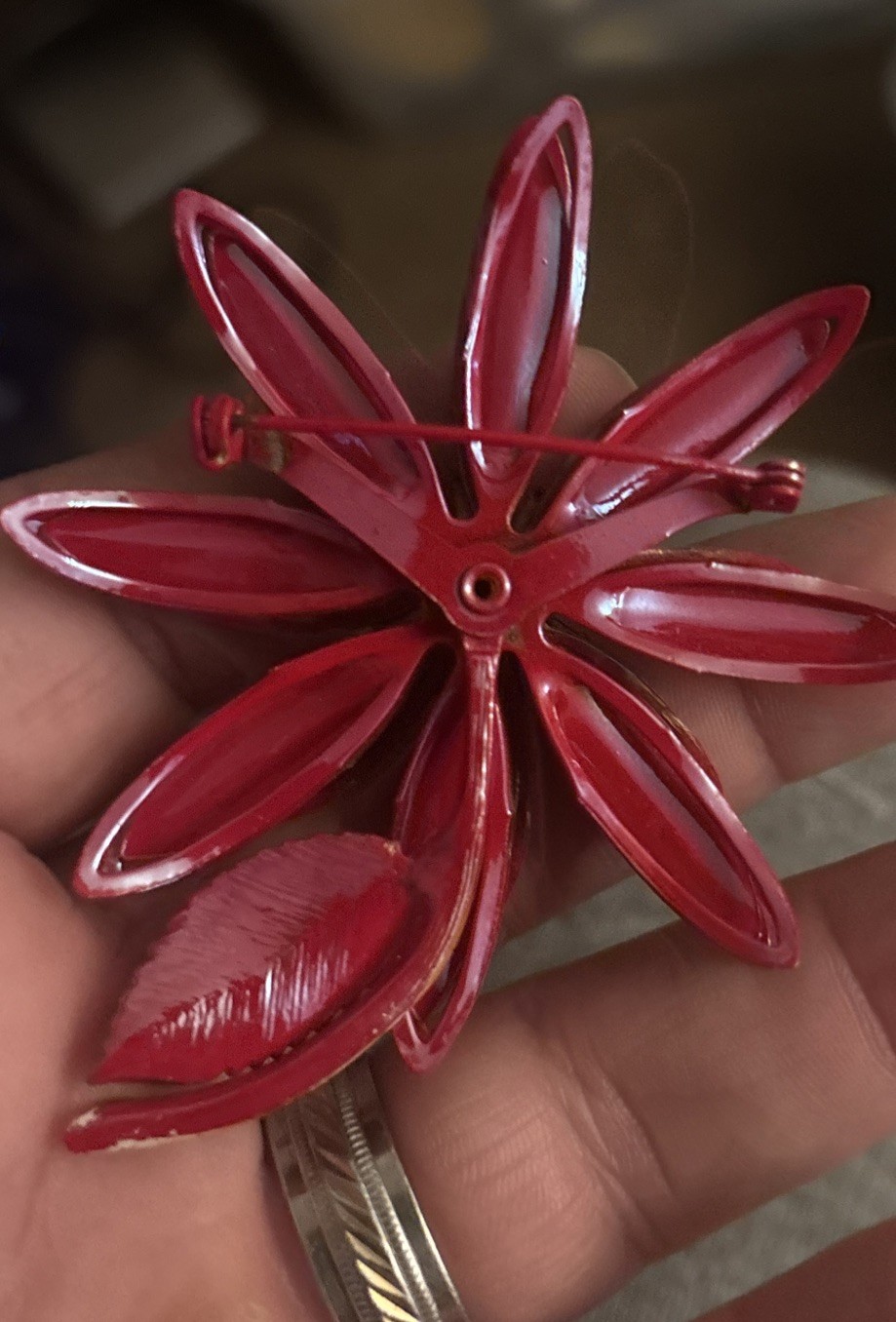 VTG 60s Large Red Iridescent Enamel Flower Ab Rhinestone Leaves Brooch