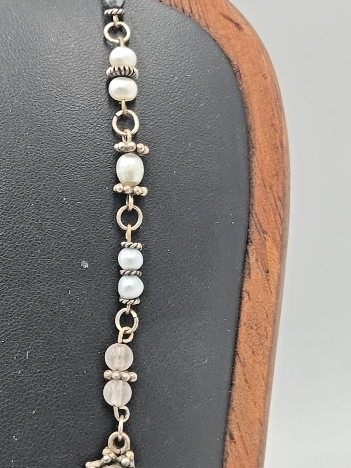 Vintage Artisan Sterling Pearl & Gemstone Drop Necklace Boho Floral .925