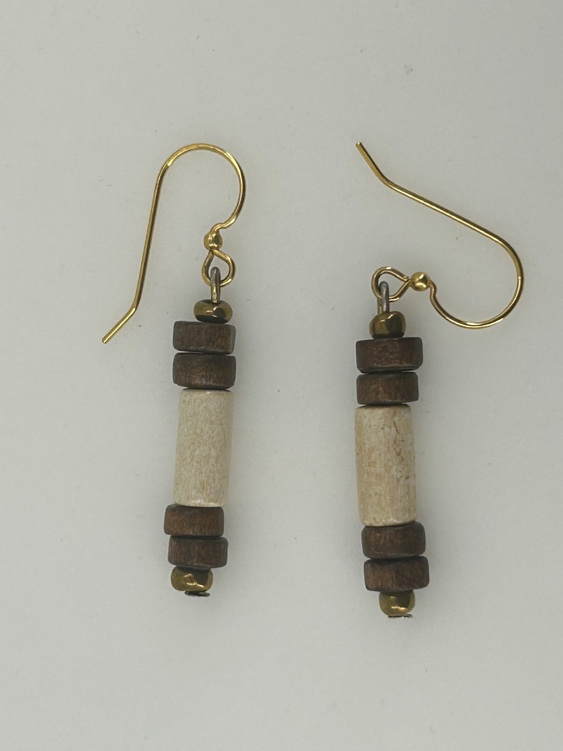 Dangle Drop Beaded Earrings Gold Tone 2″ Long Wood Ceramic Bone Tribal Handmade