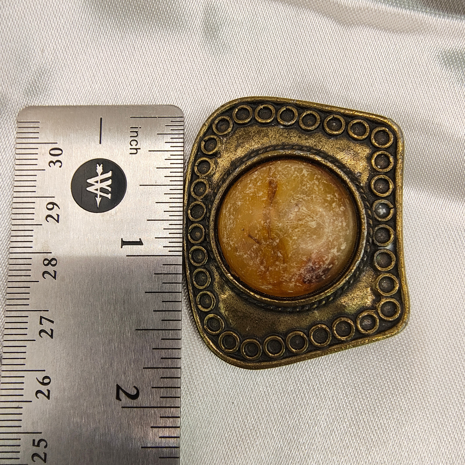 VTG Brutalist Earrings Clip On Brass Plated Unpolished Stone Ornamented Border