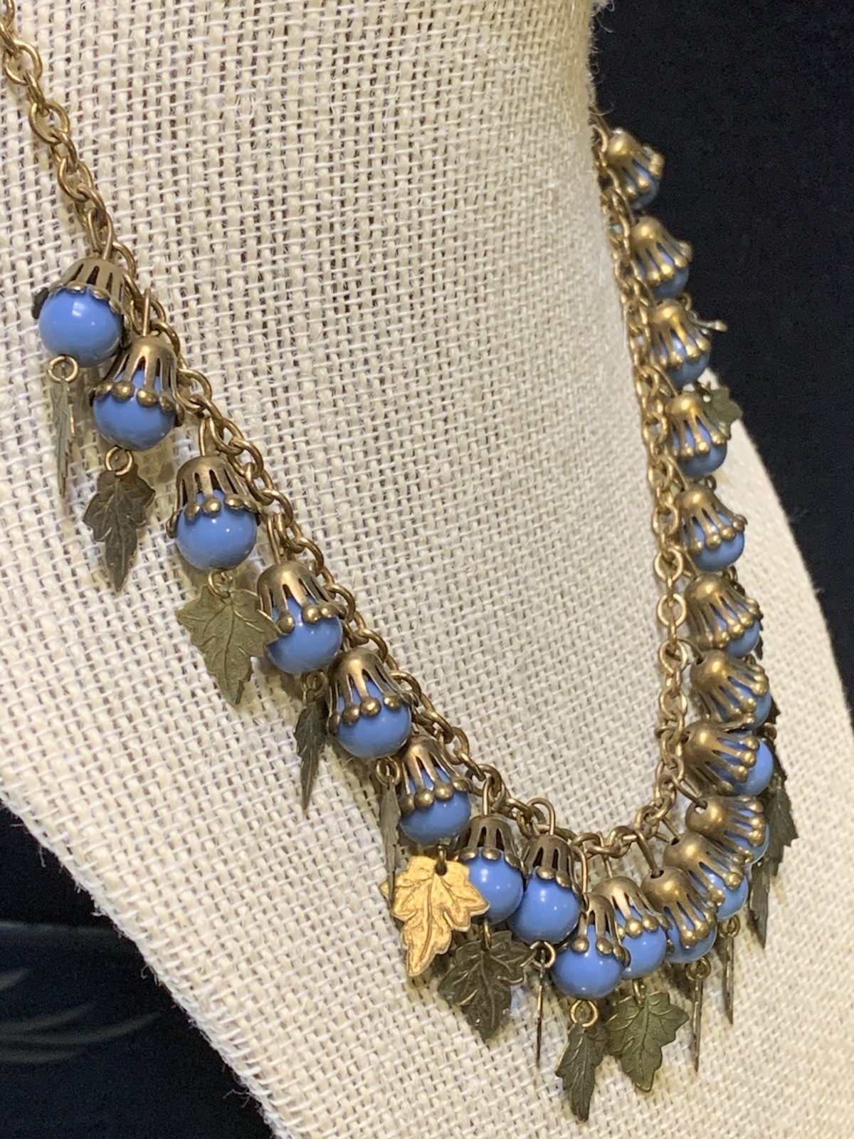 Vintage 16” Flower-like Capped Blue Celluloid Balls w/ Dangling Leaves Necklace