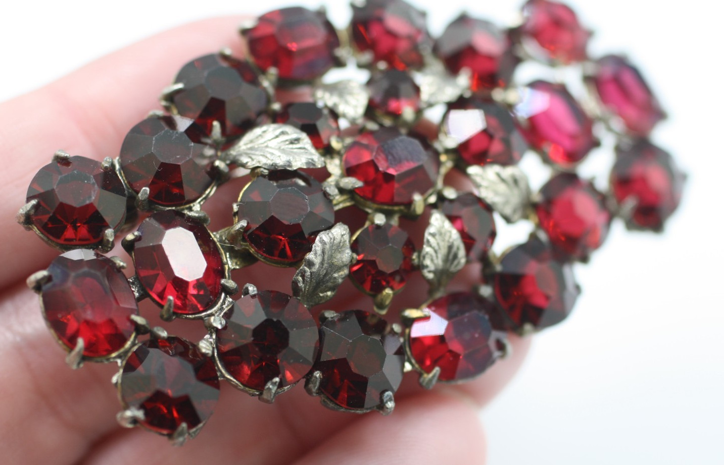 Vintage reddish purple Czech glass 1930’s large silver & gold tone pin brooch