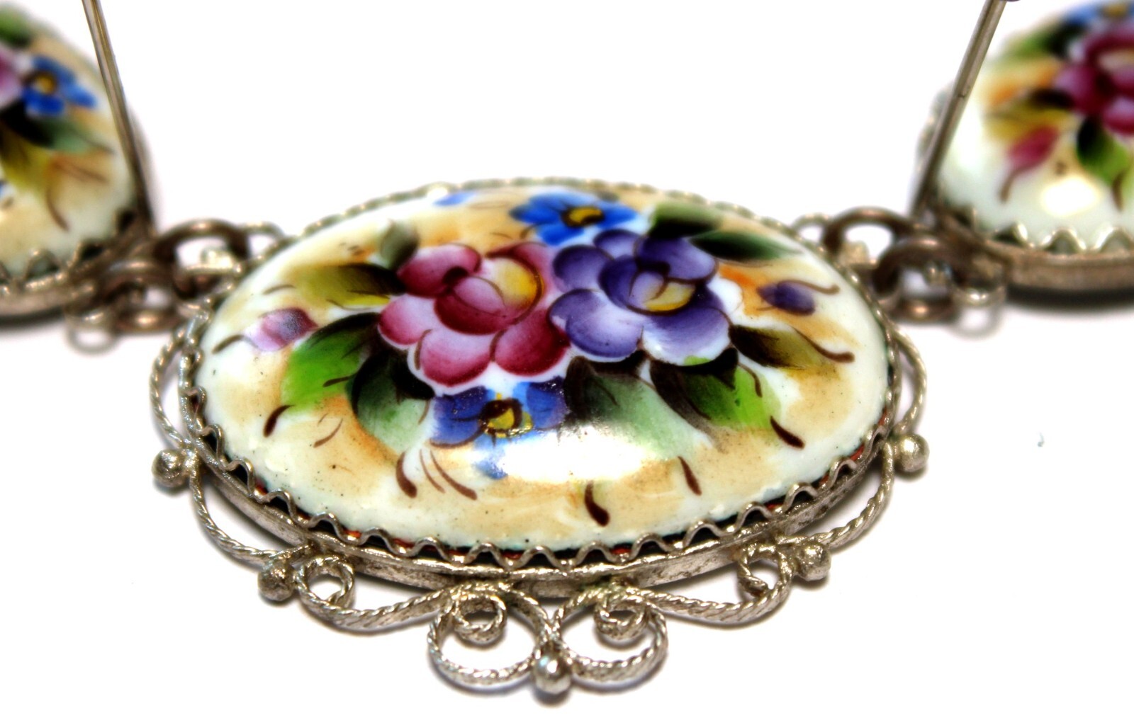 Vintage Unique Russian Enamel Hand Painted Jewelry Set Earrings & Necklace #27a
