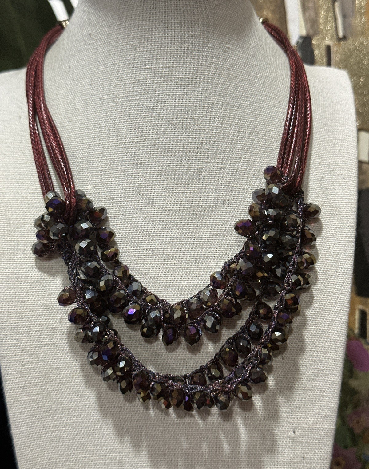 Faceted Purple Beaded Statement Necklace Burgundy Cord Gold Tone 18” Adjustable
