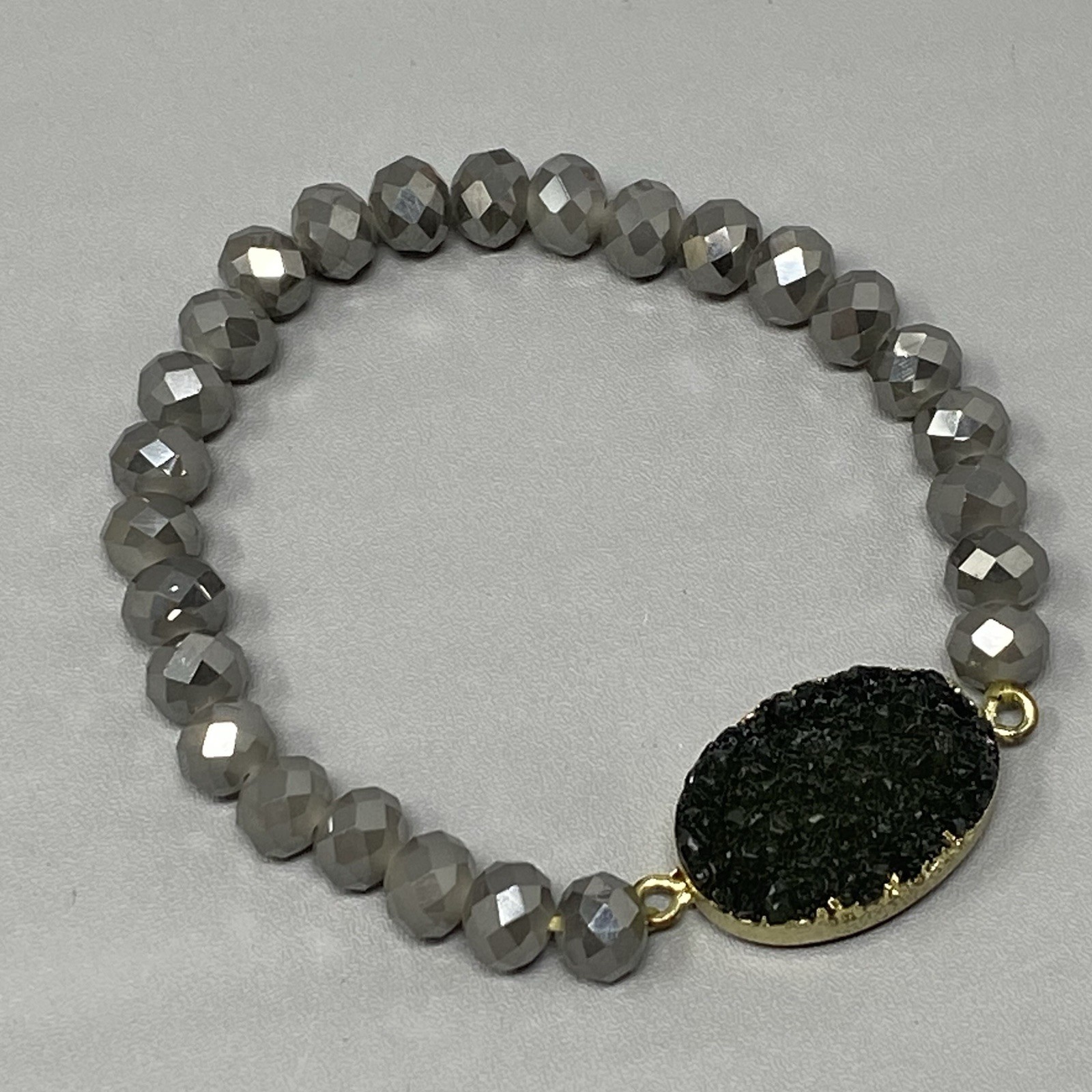 Black Druzy Stone Bracelet Gray Metallic Iridescent Fire Polish Faceted Stretch