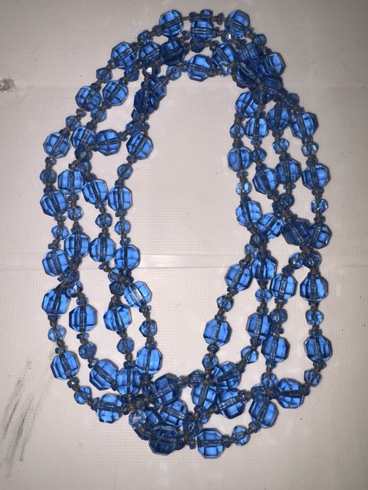 Antique 1920s Flapper Czech Glass Long Necklace Ceylon Sapphire Blue Beads 64”