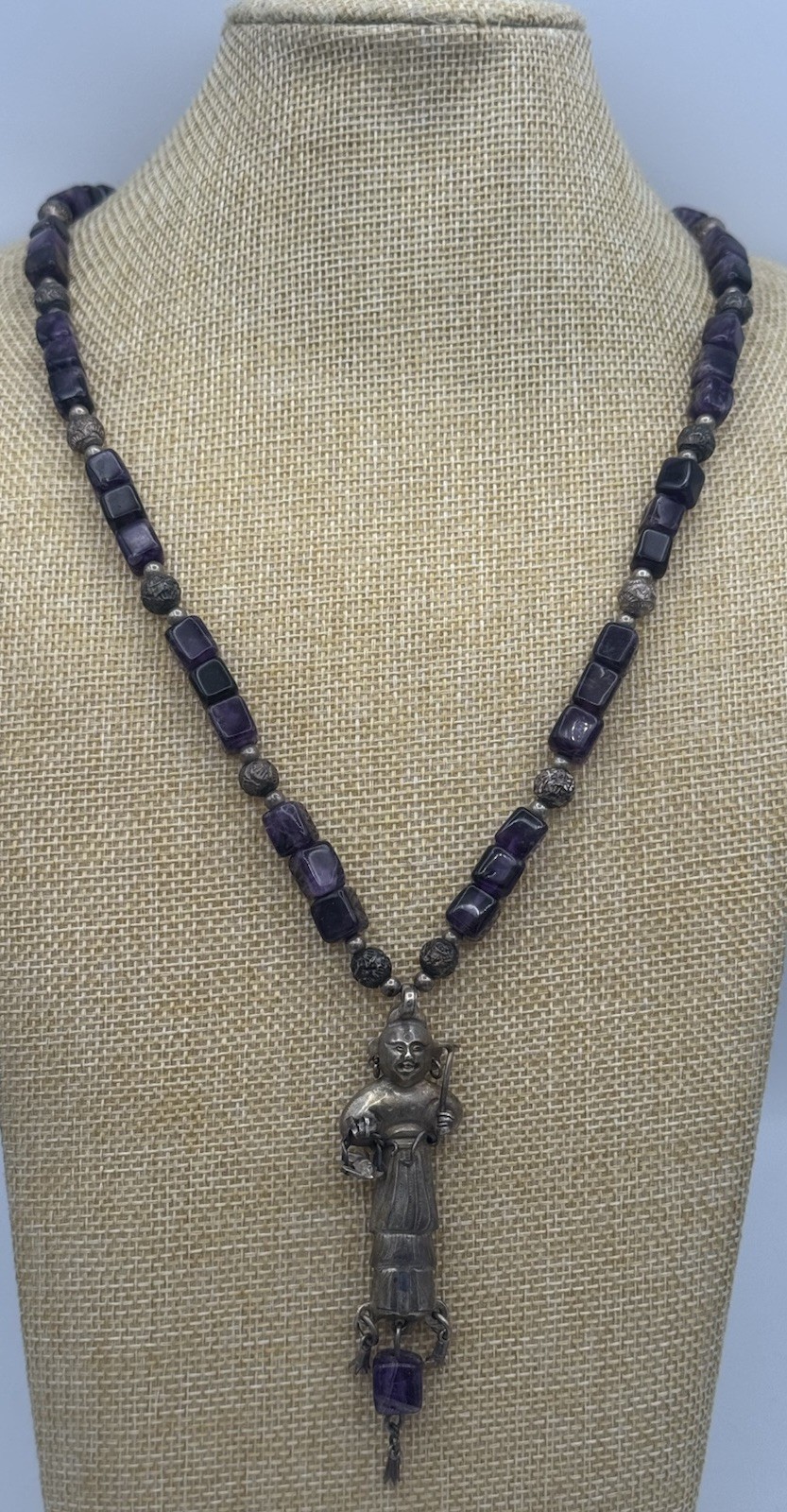 Vtg Asian Amethyst Bead Sterling Figurine Pendant Necklace
