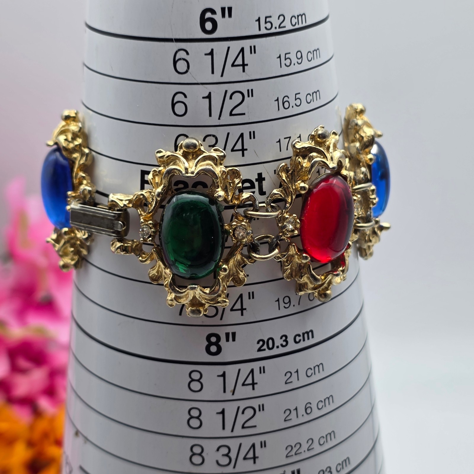 Vintage Victorian Revival Lucite Cabochon Bracelet Gold Tone Rhinestone 7.5″