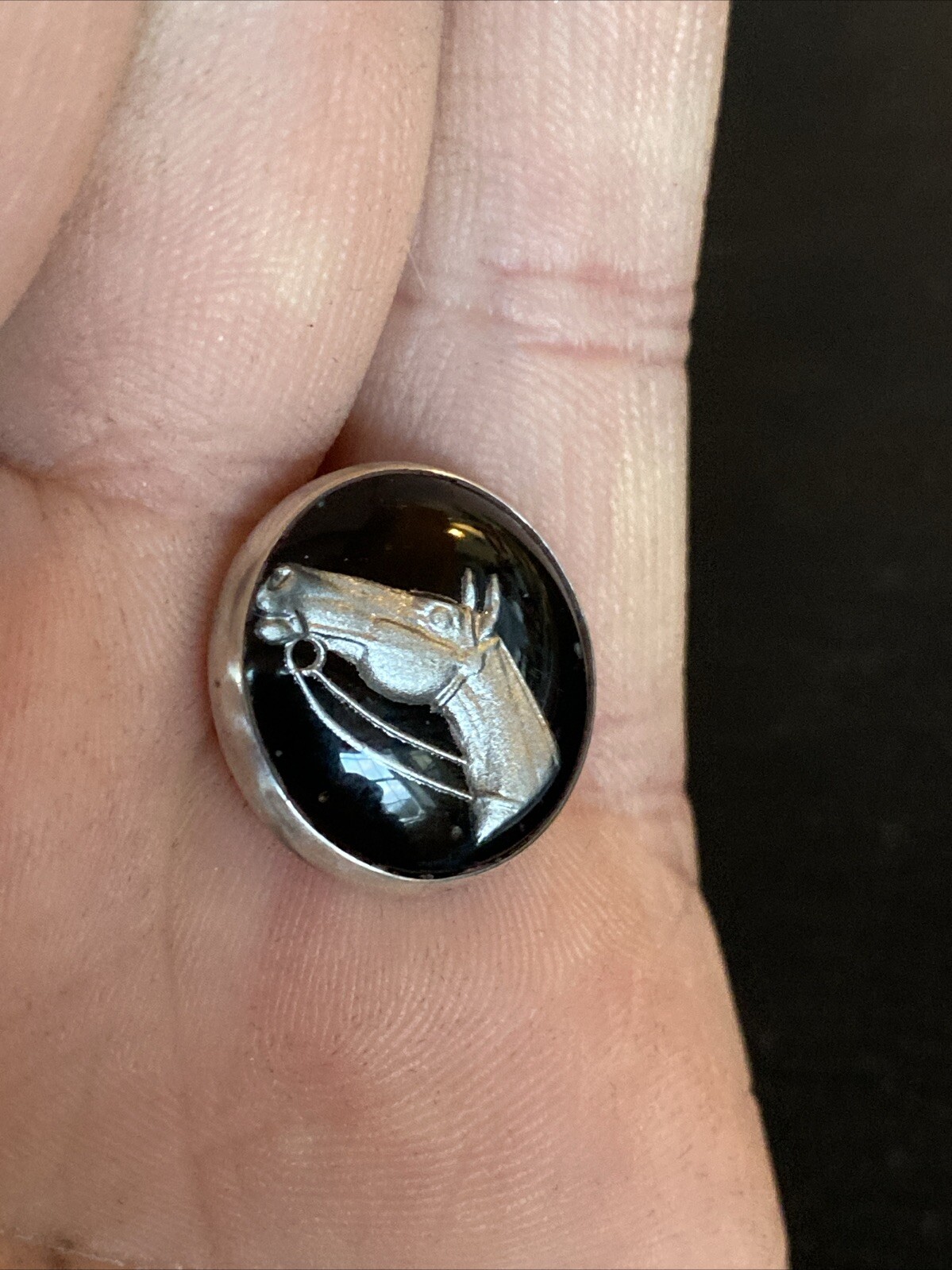 Antique Bubble Goofus Glass Reverse Painted Carved Intaglio Horse Equestrian Pin