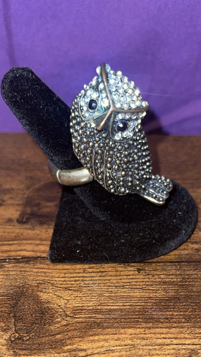 Vintage Estate Owl Rhinestone Cocktail Statement Ring & Sparkly Stud Earrings