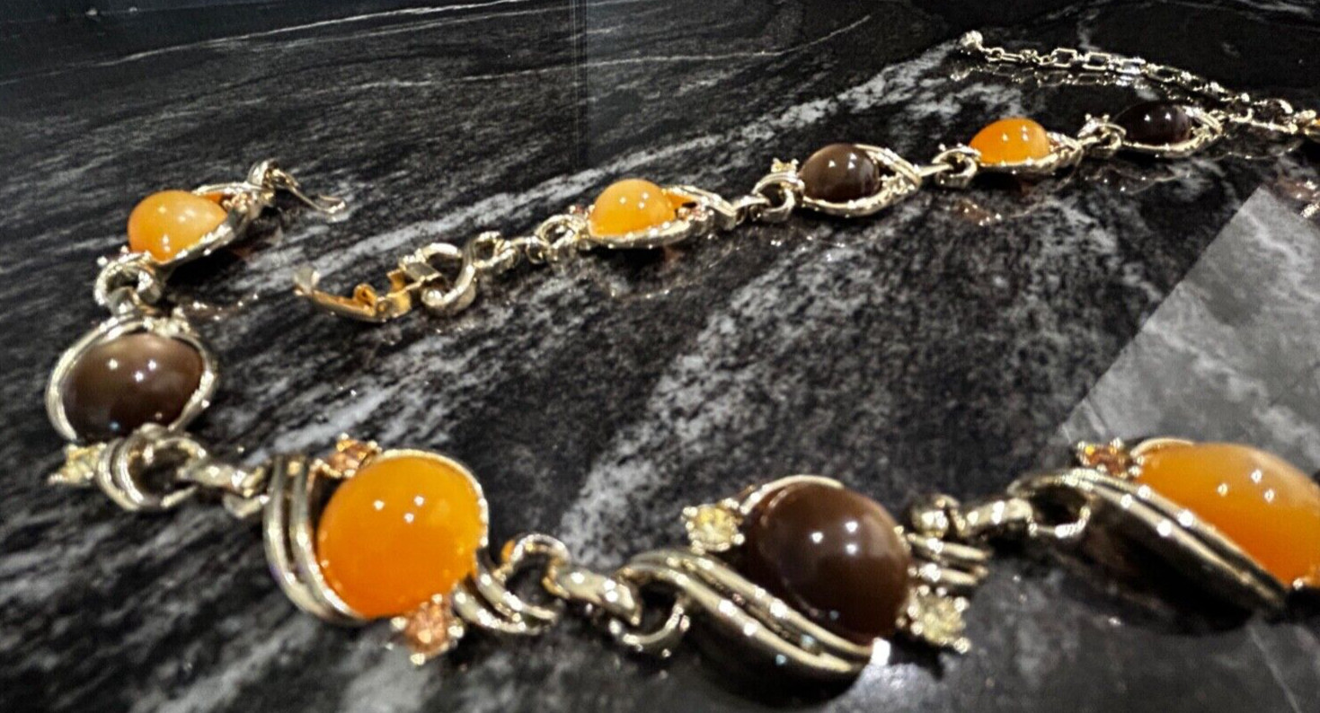 Vintage Peach Brown Moonglow Thermoset Lucite Rhinestone Necklace & Bracelet Set
