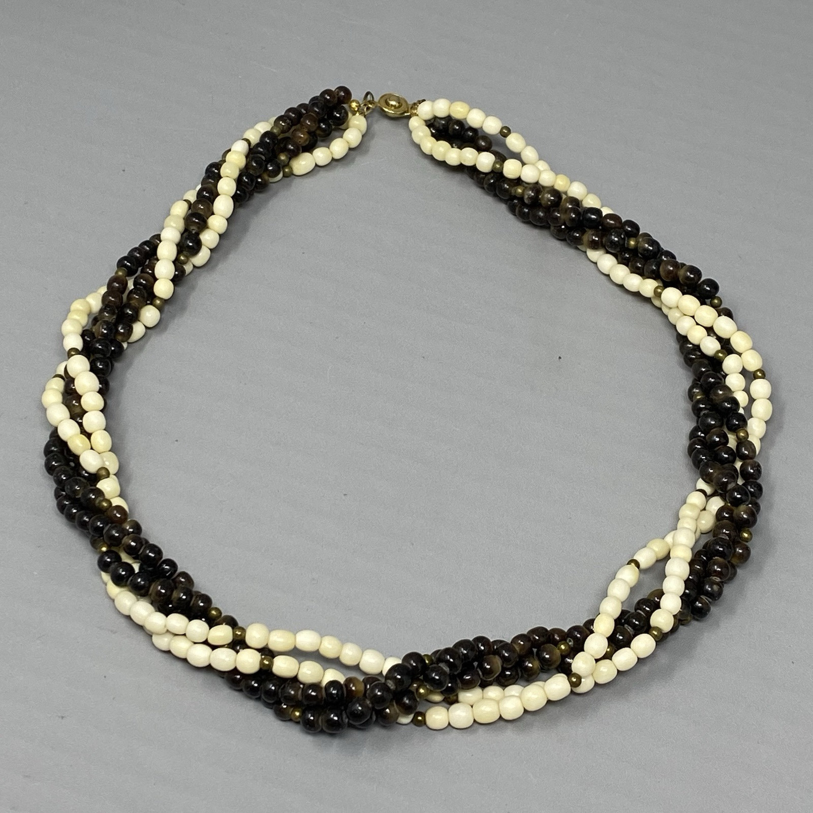 Torsade Twist Necklace Brown White Beads Glass Shell Beach Bohemian Collar 22″