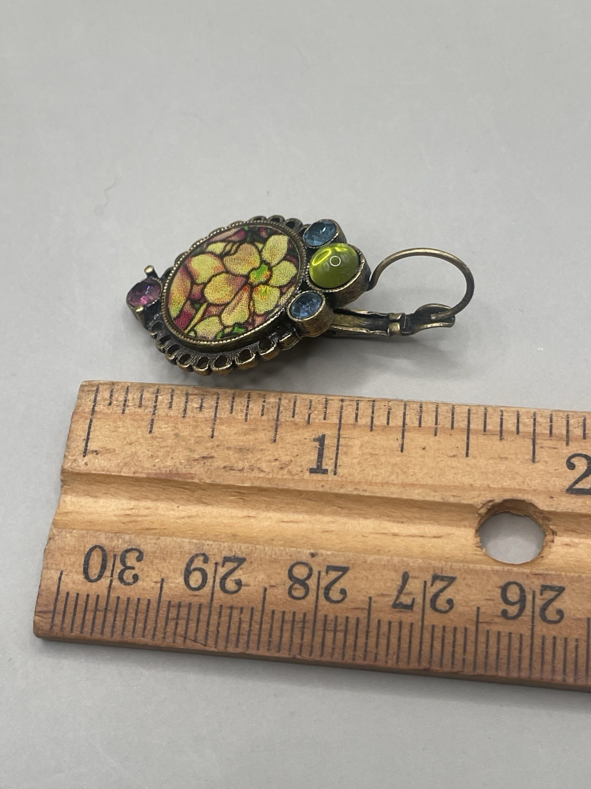 Vintage 1928 Brand Bronze Tone Glass Floral Rhinestones Hinged Pierced Earrings