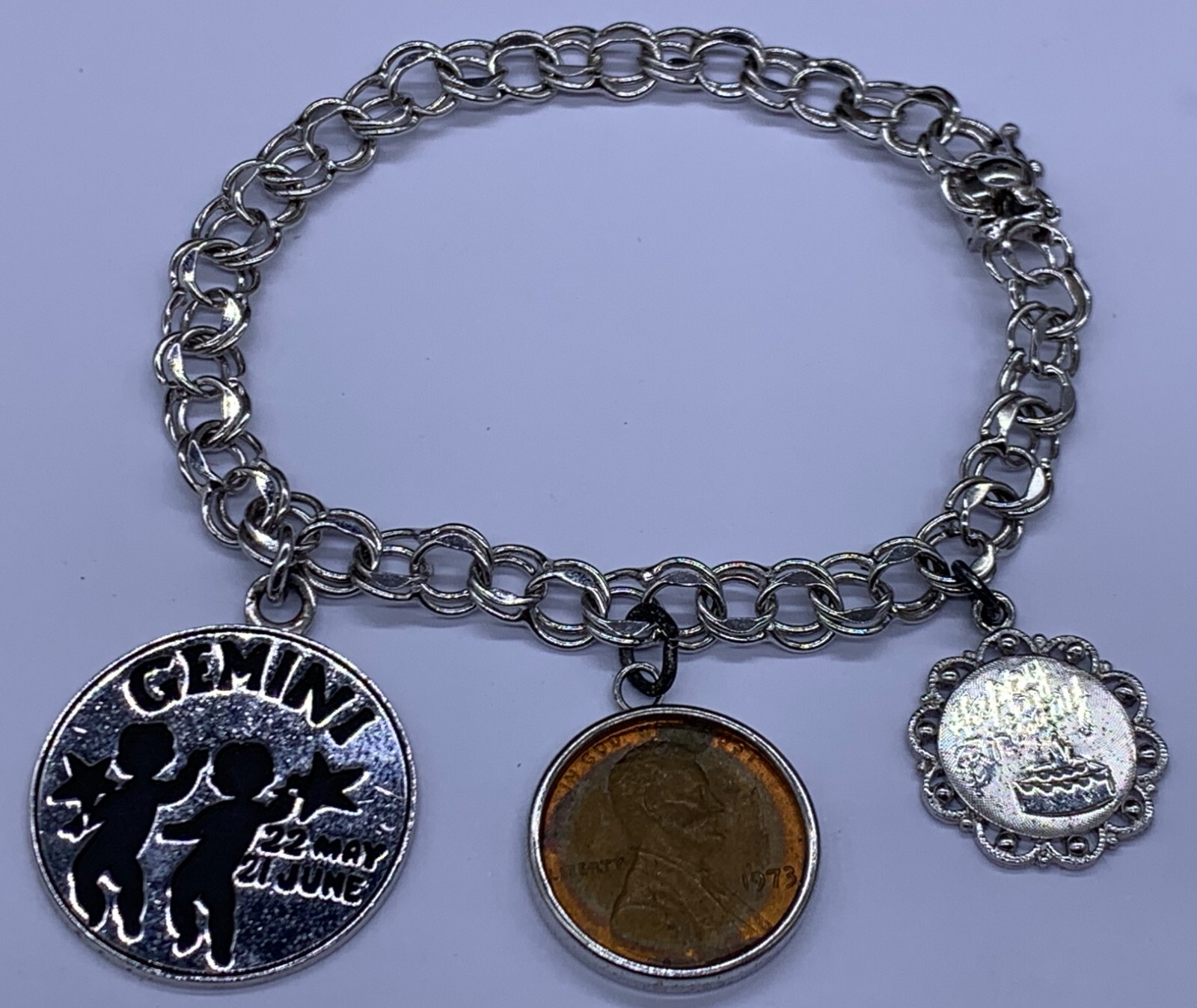 VINTAGE STERLING SILVER GEMINI MAY JUNE HAPPY BIRTHDAY COIN CHARM BRACELET