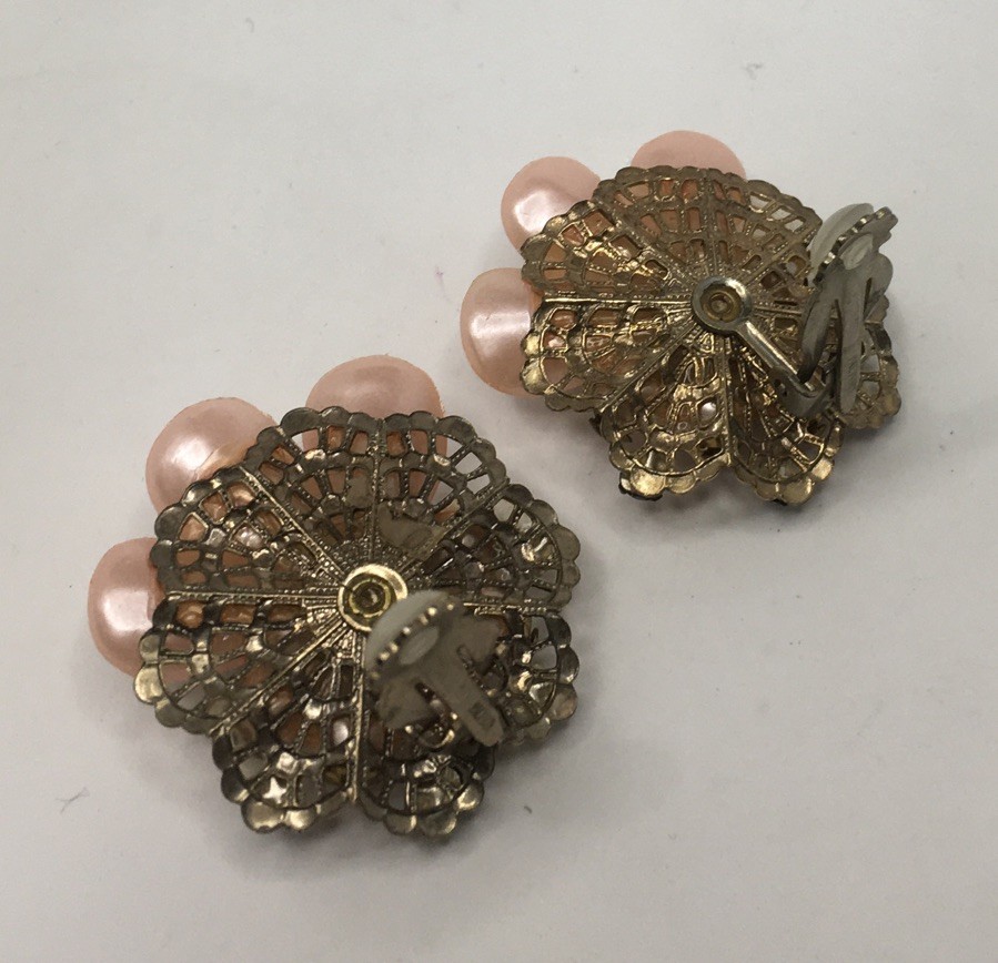 Stunning Vintage Estate Pink Bead & AB Crystal Cluster Cip On Earrings