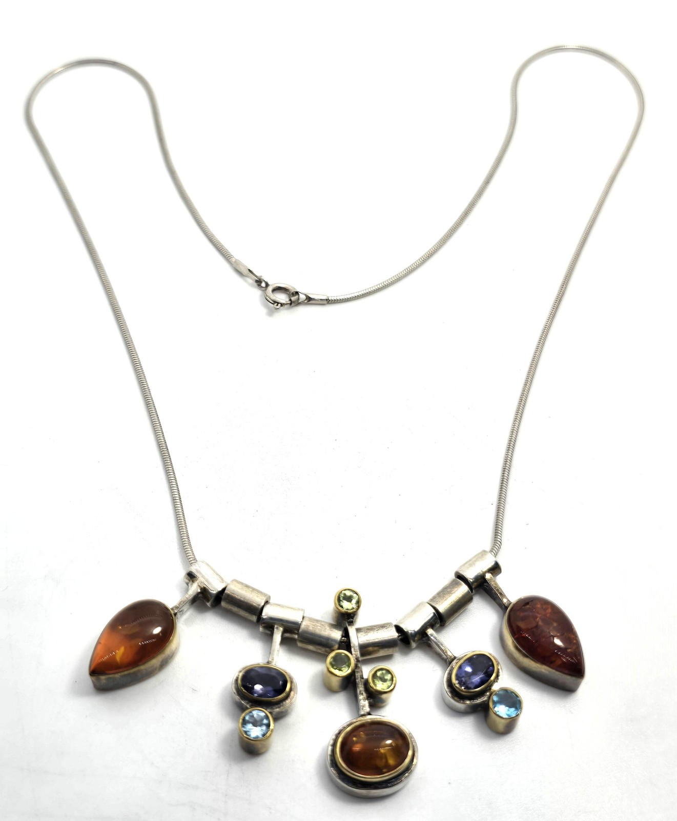 Modernist Amber Iolite Peridot and topaz vintage sterling silver necklace
