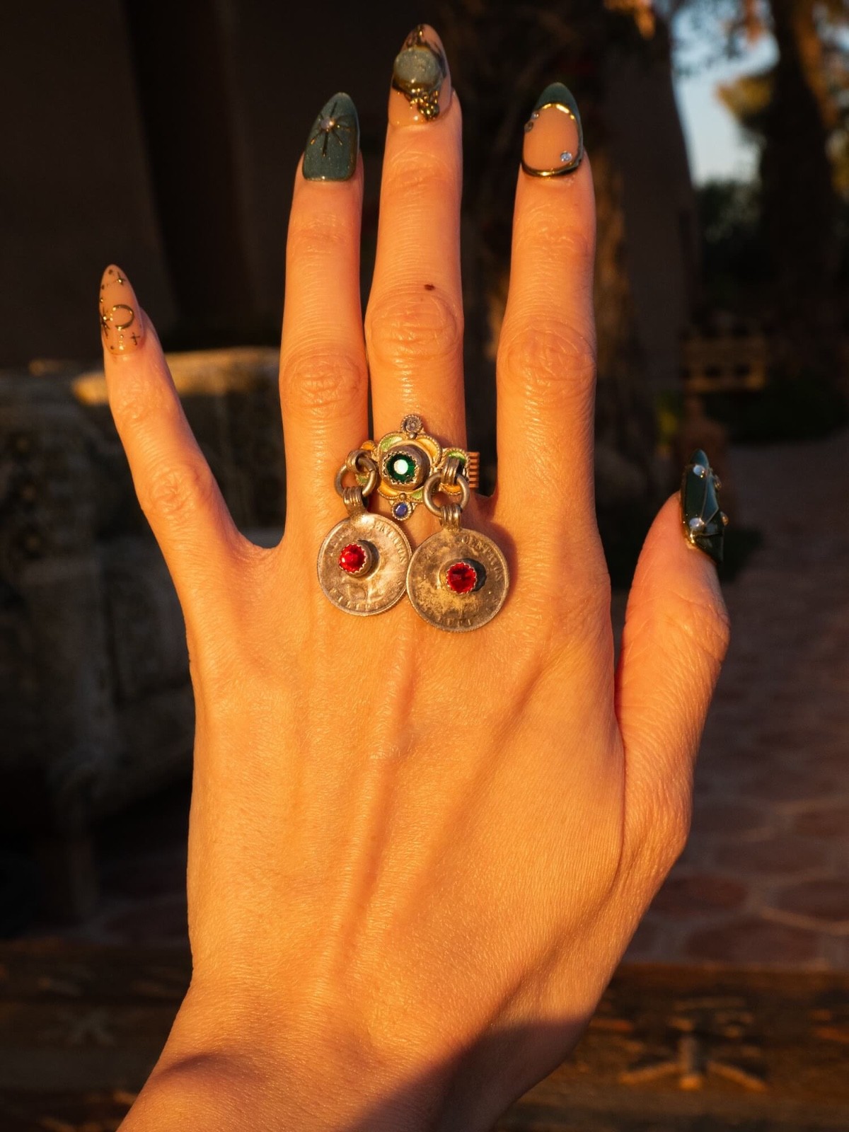 Vintage Berber/Atlas Moroccan Sterling Silver Coin Ring with Gems