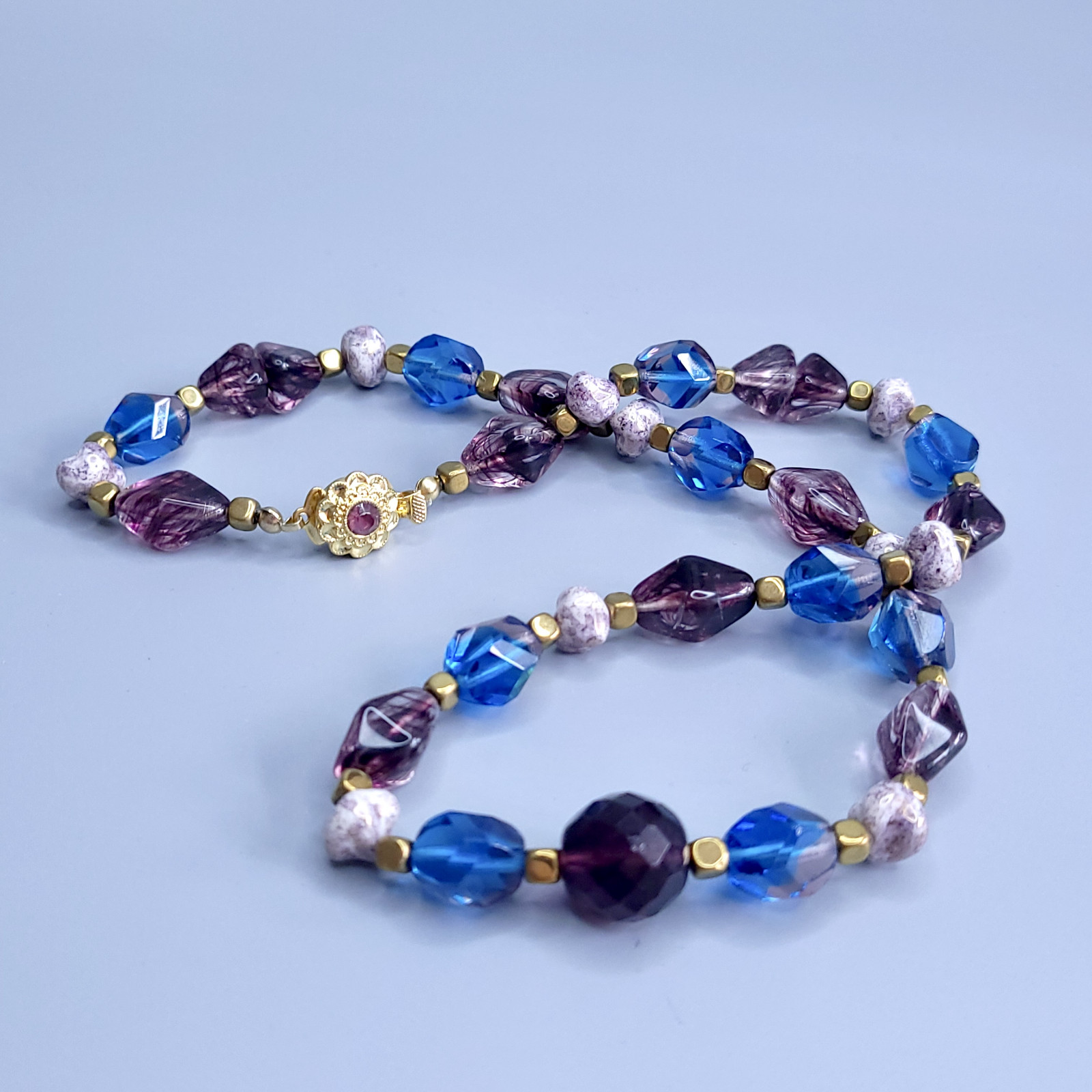 Necklace 20” Blue and Purple Glass Czech Vintage Beads Women`s Jewelry
