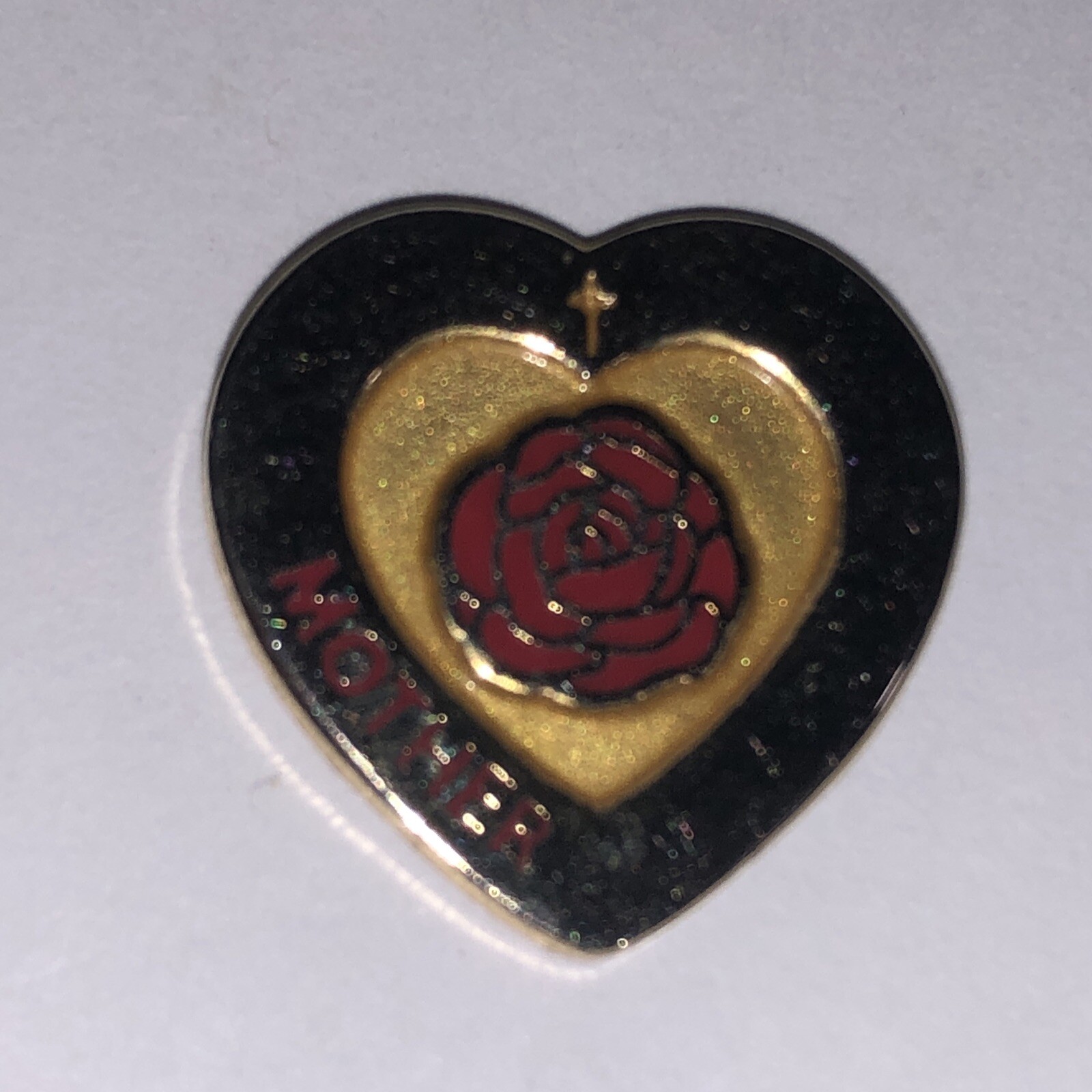 Mother Rose Heart Pin Gold Tone Colored Red Flower Valley Casting Mother’s Day