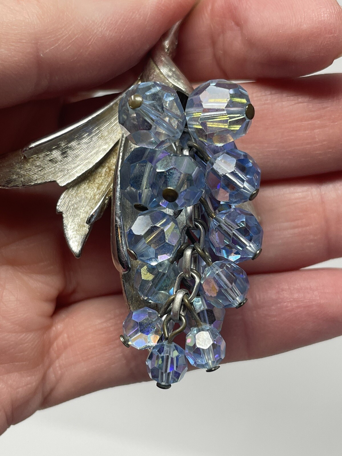 Vintage Silver Tone Blue AB Crystal Dangle Grapes Brooch Waterfall Articulating